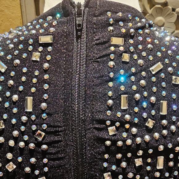 Windsor Heat XS Stone Rhinestone Bodycon Mini Dress Black Sleeveless Party Glam - Picture 11 of 14